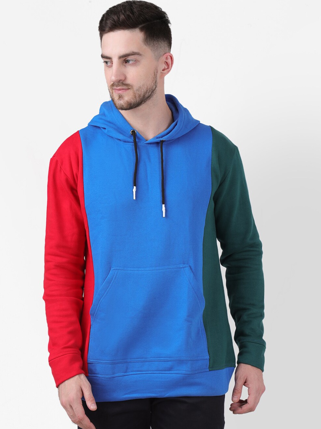 

PAUSE SPORT Men Blue Colourblocked Hooded Cotton Antimicrobial Pullover Sweatshirt