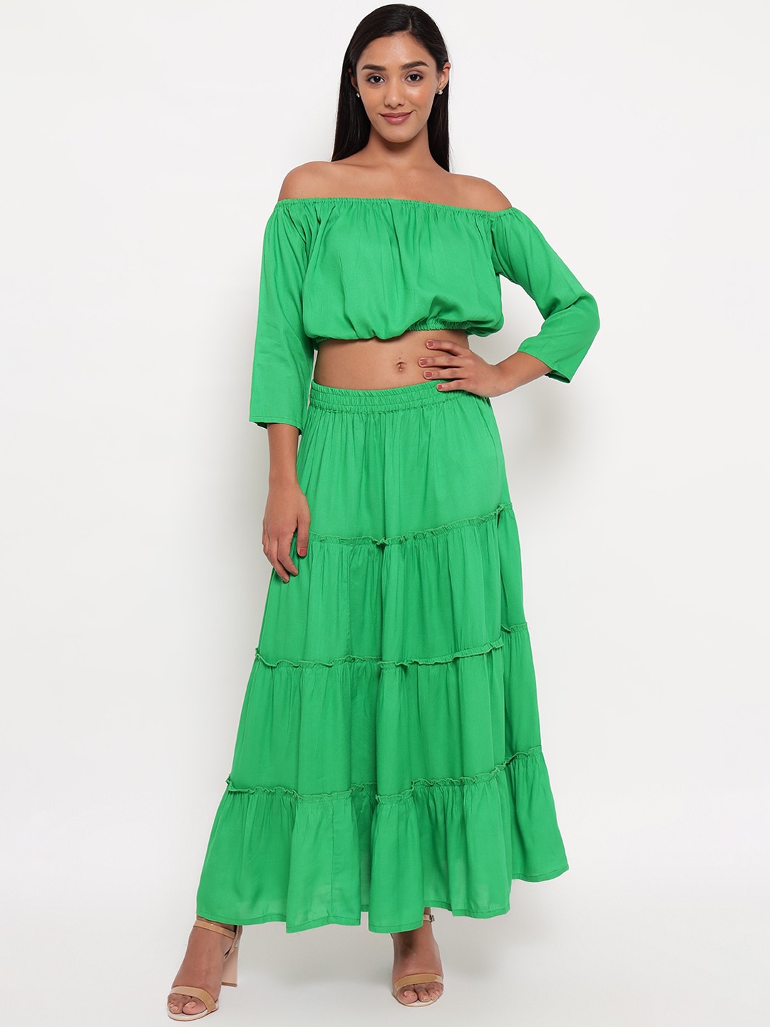 

Aawari Rayon Girls Two Piece Prom Solid Green Off Shoulder Dress