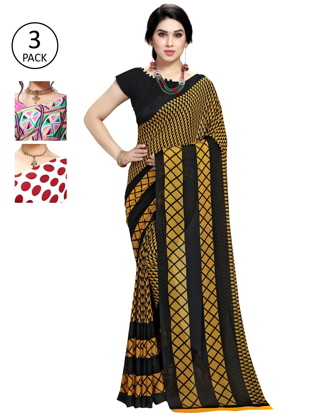 

KALINI Multicoloured Set of 3 Poly Georgette Saree, Multi