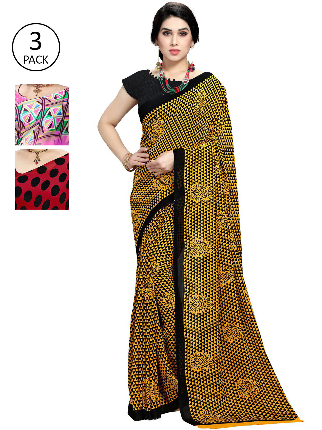 

KALINI Pack Of 3 Sarees, Yellow