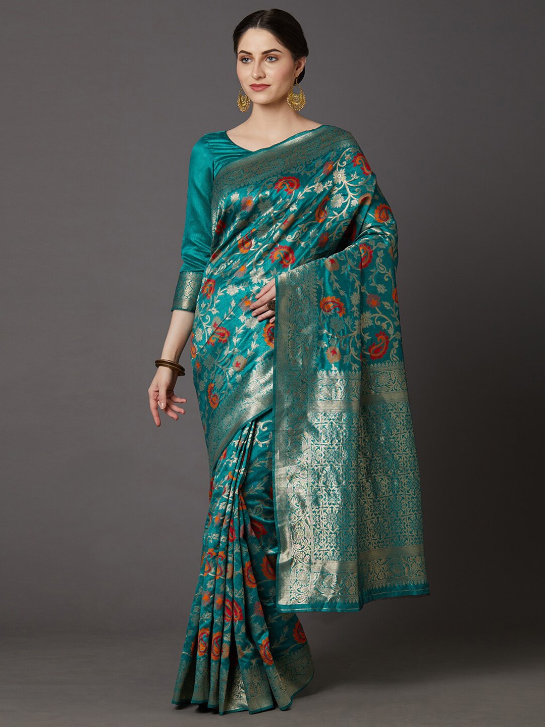 

Mitera Teal Blue & Red Woven Design Zari Silk Blend Banarasi Saree