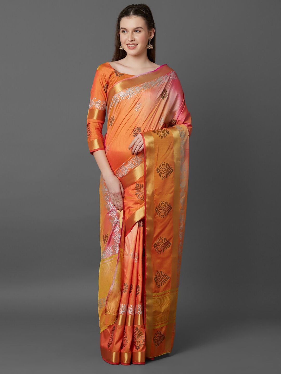 

Mitera Peach & Pink Floral Silk Blend Banarasi Saree
