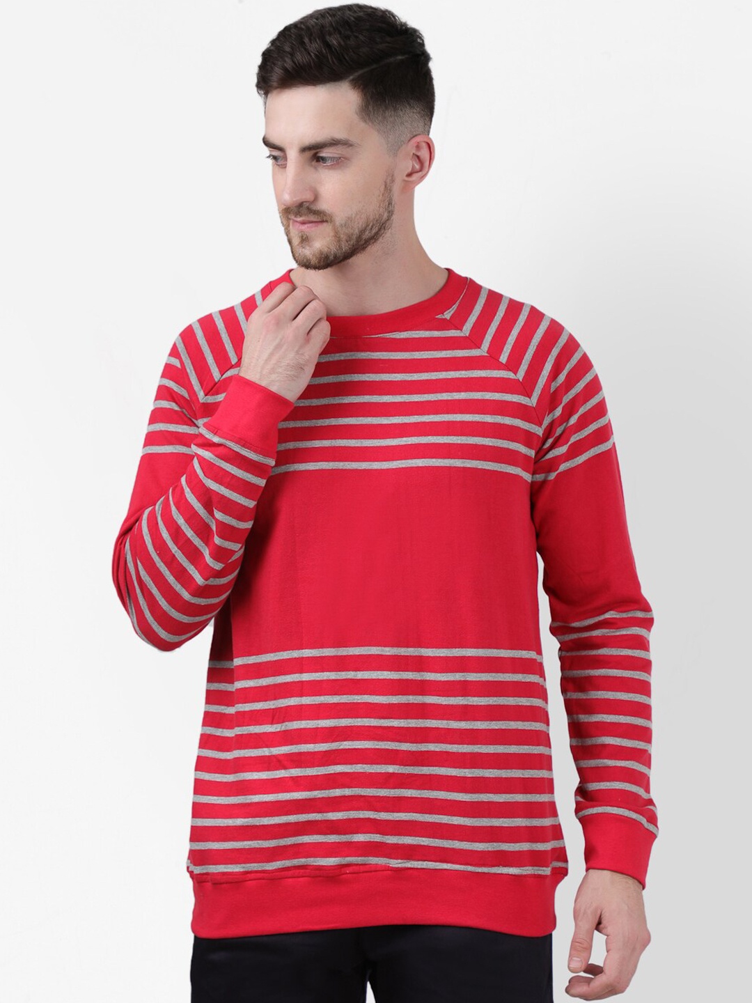 

PAUSE SPORT Men Red Striped Raglan Sleeves Pullover Sweatshirt