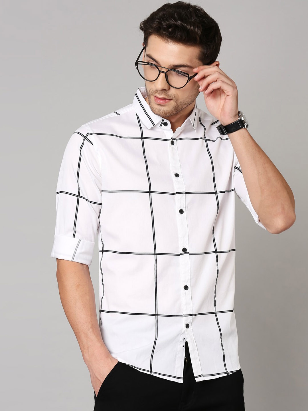 

Dennis Lingo Men White Slim Fit Windowpane Checks Checked Casual Shirt