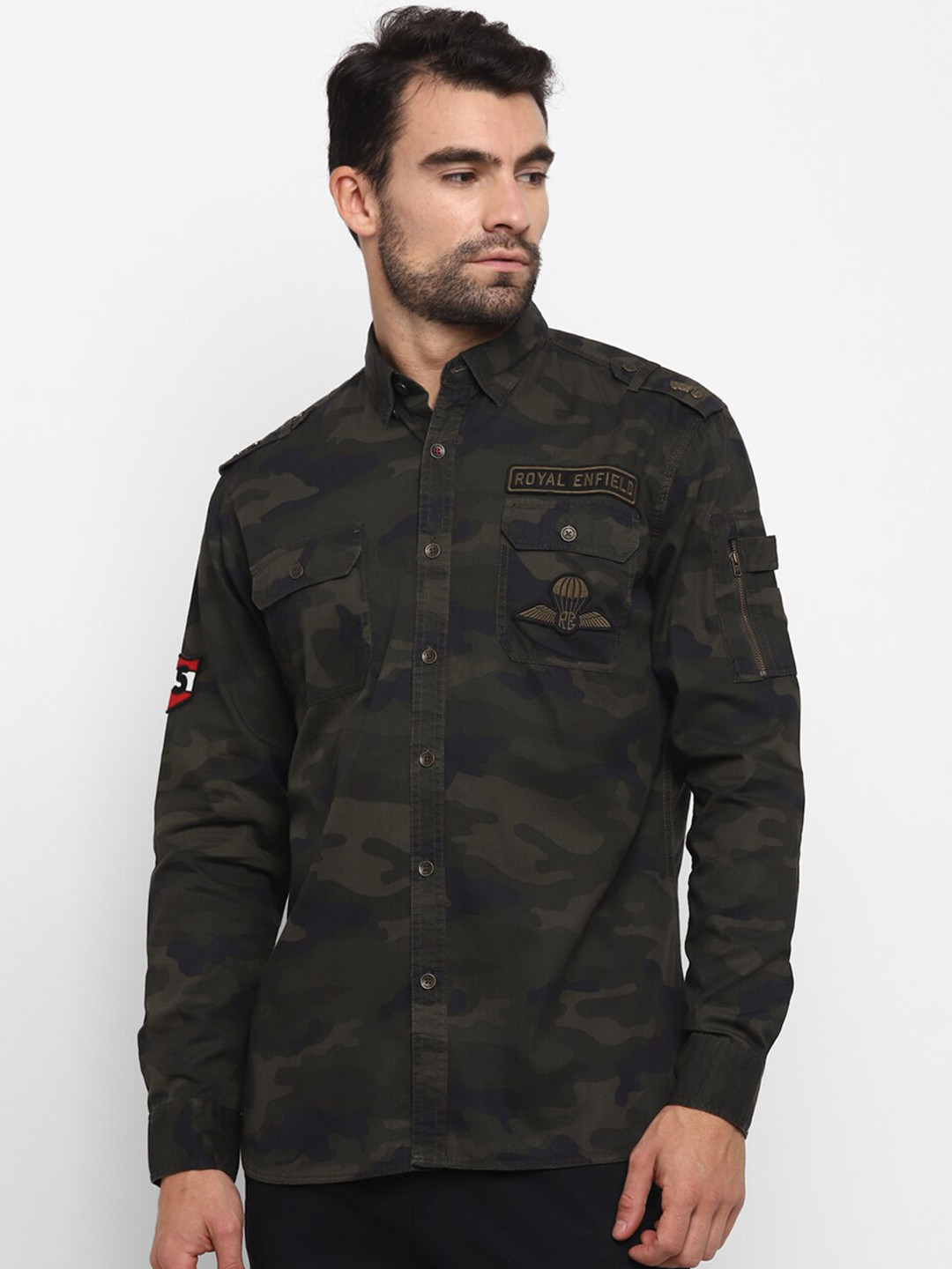 

Royal Enfield Men Olive Green Camouflage Printed Casual Shirt