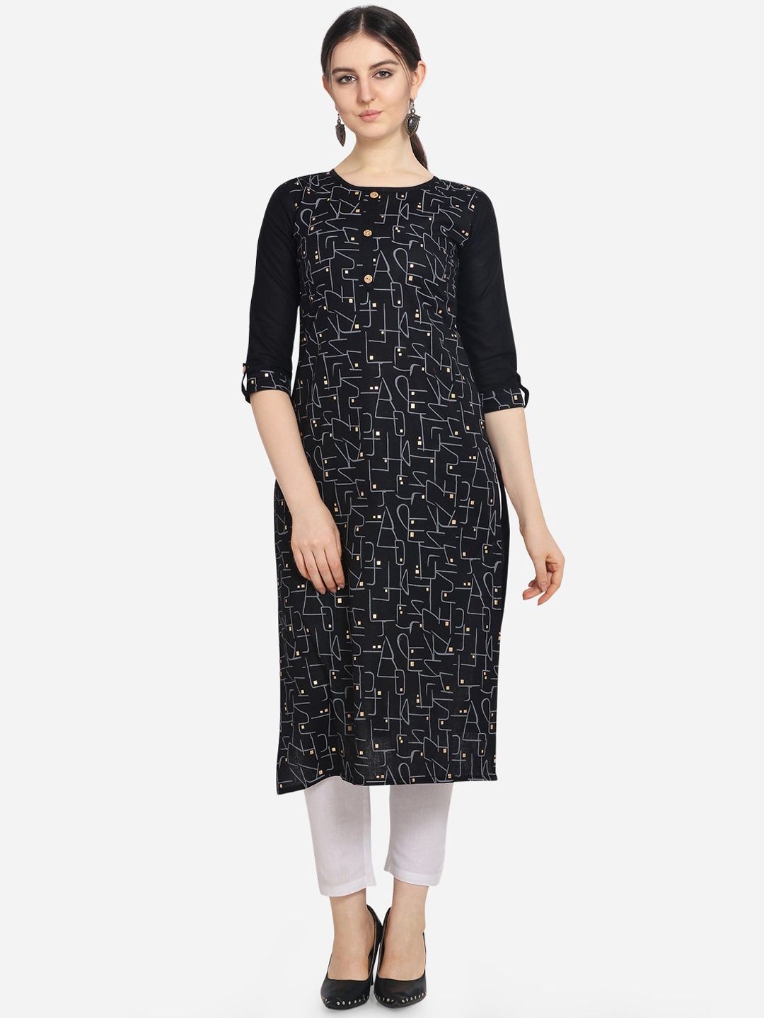

Kvsfab Women Black Geometric Printed Pure Cotton Straight Kurta