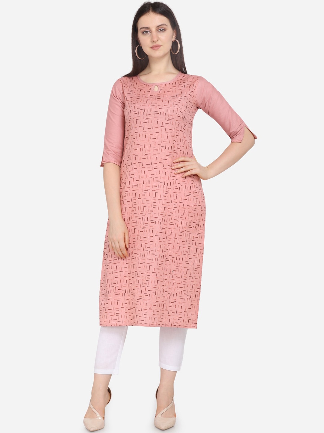 Kvsfab Women Pink & Brown Geometric Printed Straight Kurta