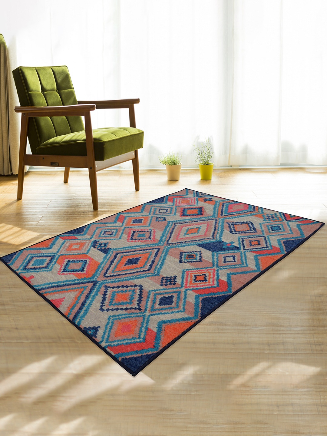 

RUGSMITH Orange & Blue Geometric Printed Anti-Skid Carpet