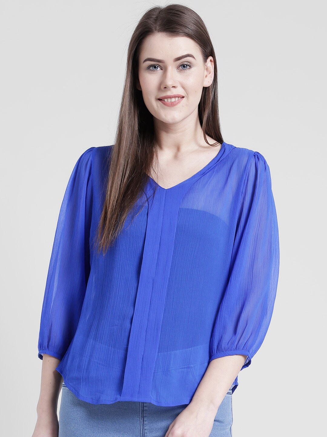 

Yaadleen Blue Puff Sleeve Chiffon Regular Top