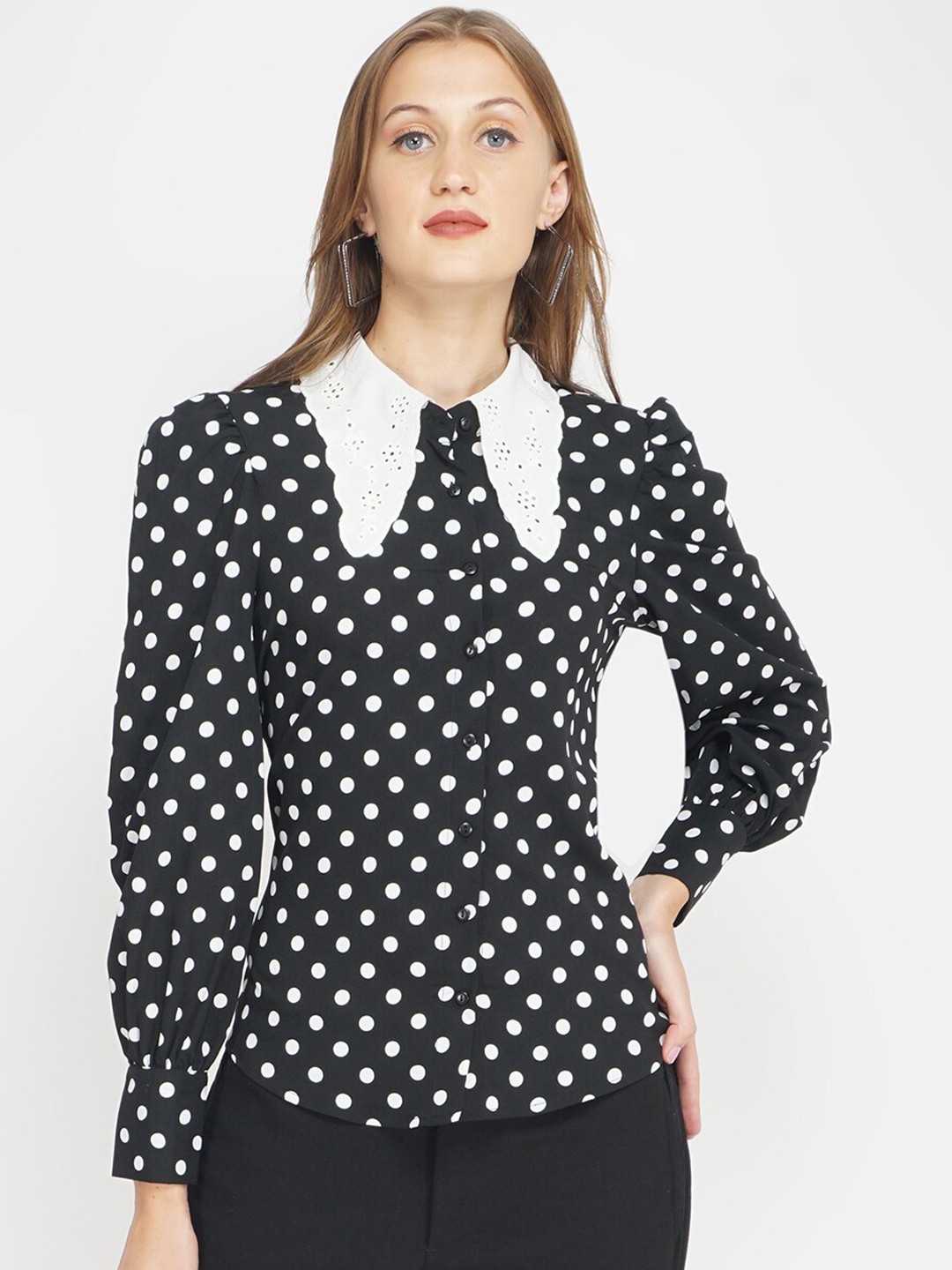 

Oxolloxo Women Black & White Polka Dot Printed Casual Shirt