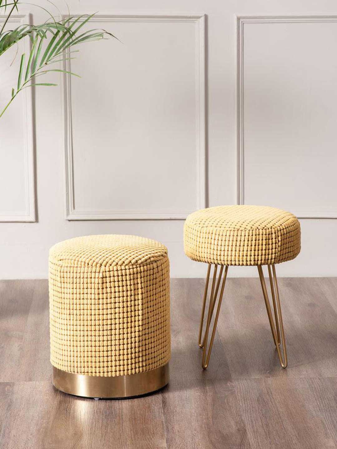 

THEDECORKART Set Of 2 Yellow Patterned Storage Ottoman & Stool Set