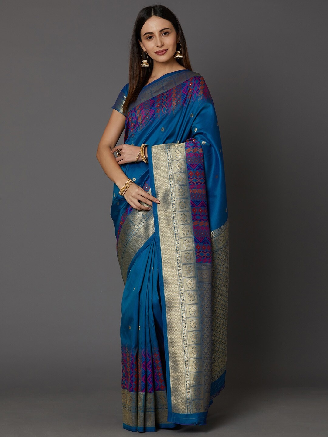

Mitera Blue & Pink Floral Silk Blend Banarasi Saree