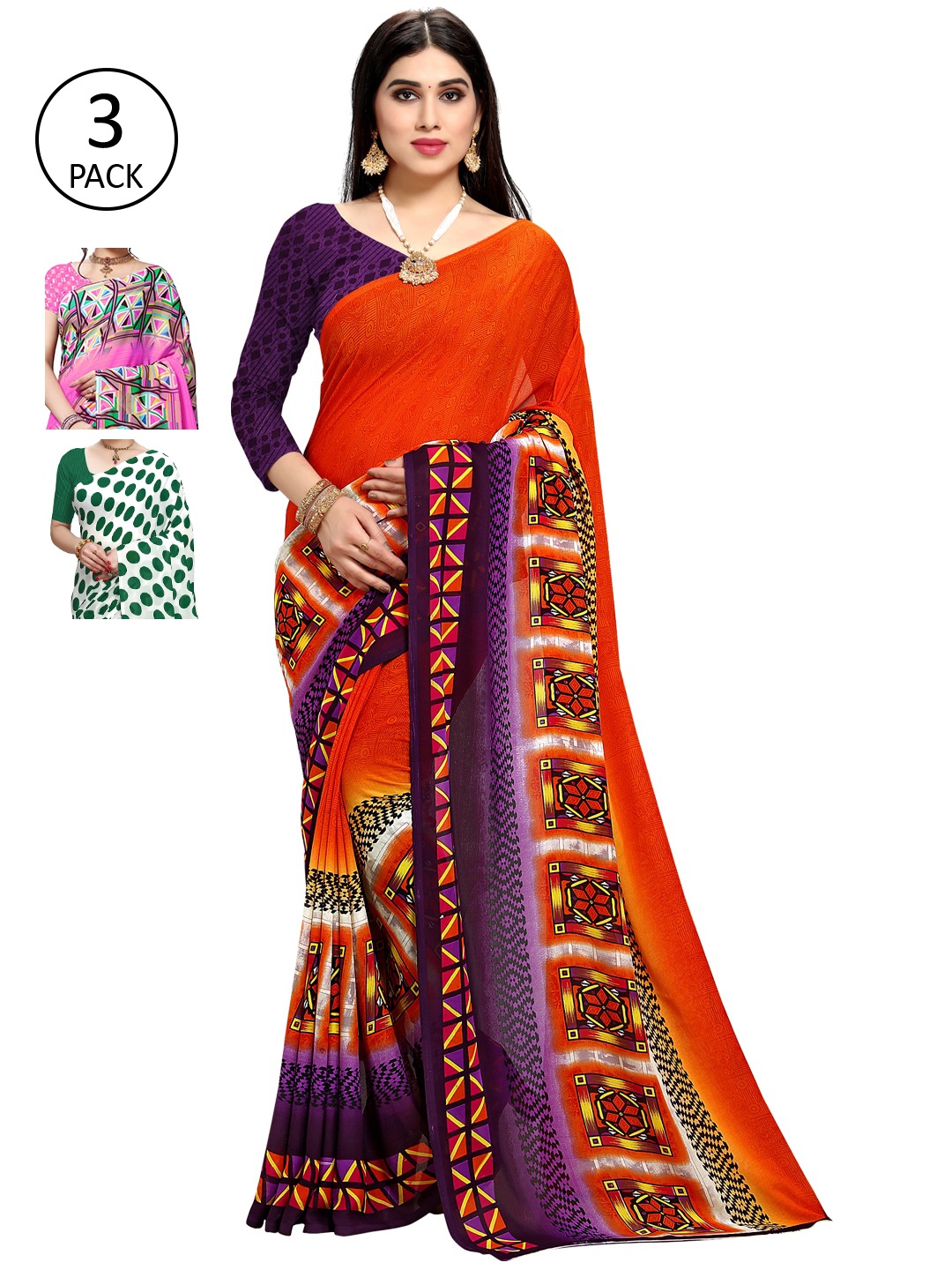 

KALINI White & Green Pack of 3 Printed Saree