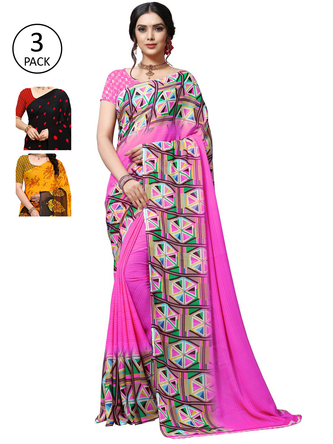 

KALINI Red & Black Pack of 3 Printed Sarees