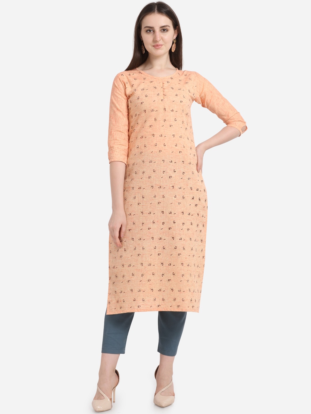 

Kvsfab Women Peach Coloured & Maroon Floral Printed Straight Kurta