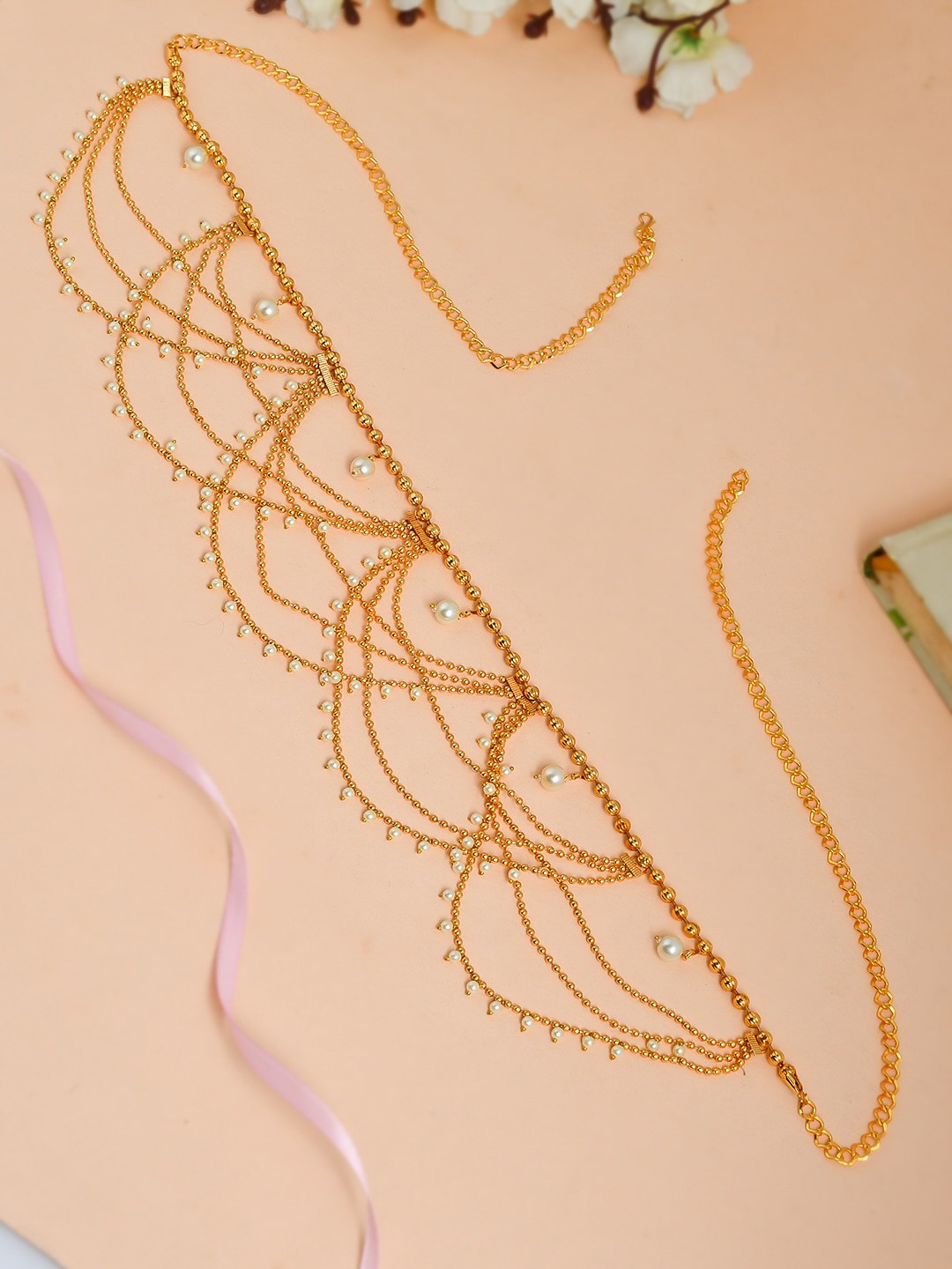 

Silvermerc Designs Gold-Plated & White Artificial Stone-Studded Beaded Waist Chain