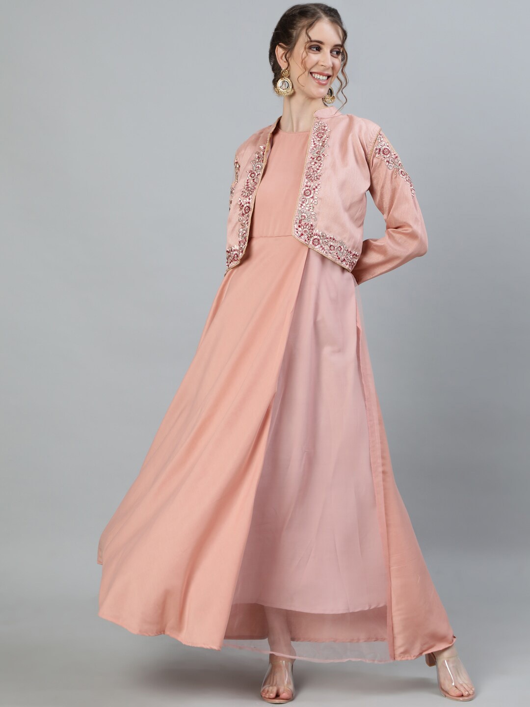 

Ishin Women Mauve-Coloured Embroidered Pure Silk Anarkali Kurta With Crop Jacket