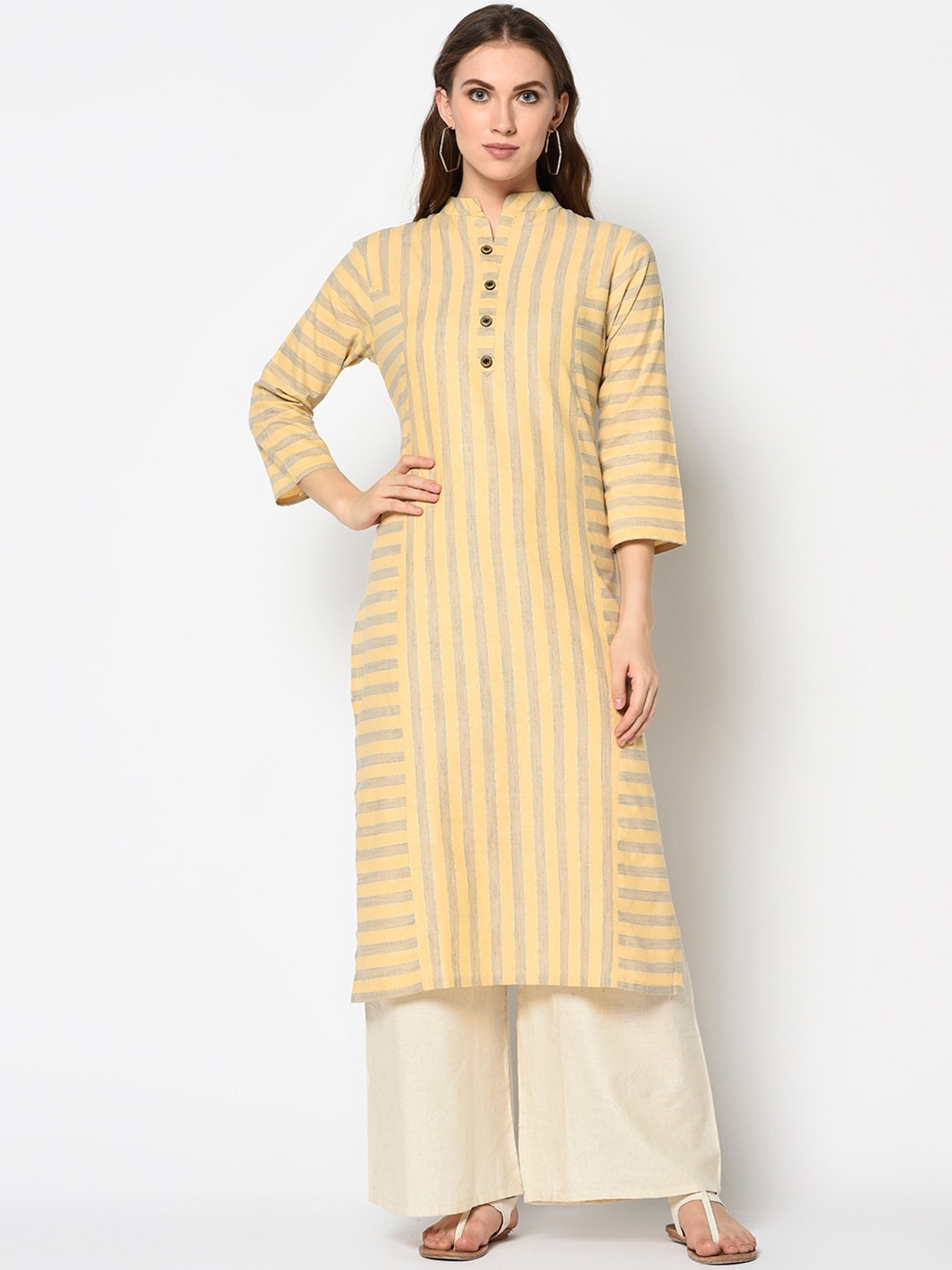 

Kvsfab Women Yellow & Grey Striped Straight Kurta