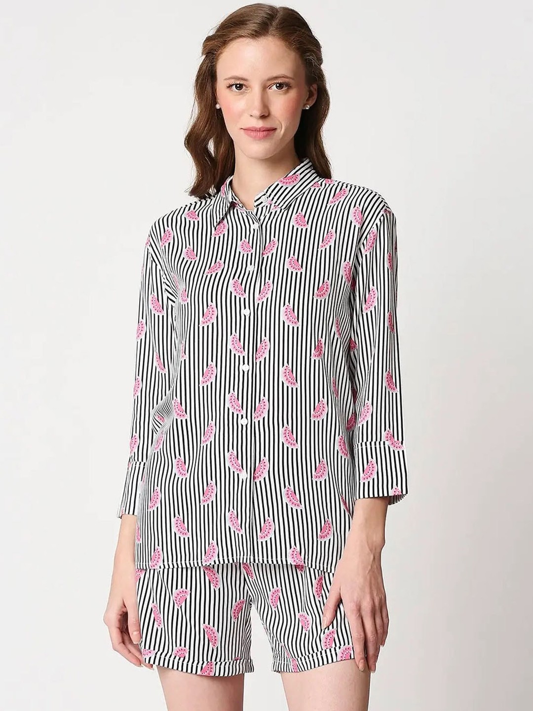 

Bewakoof Women White & Black Striped Night suit