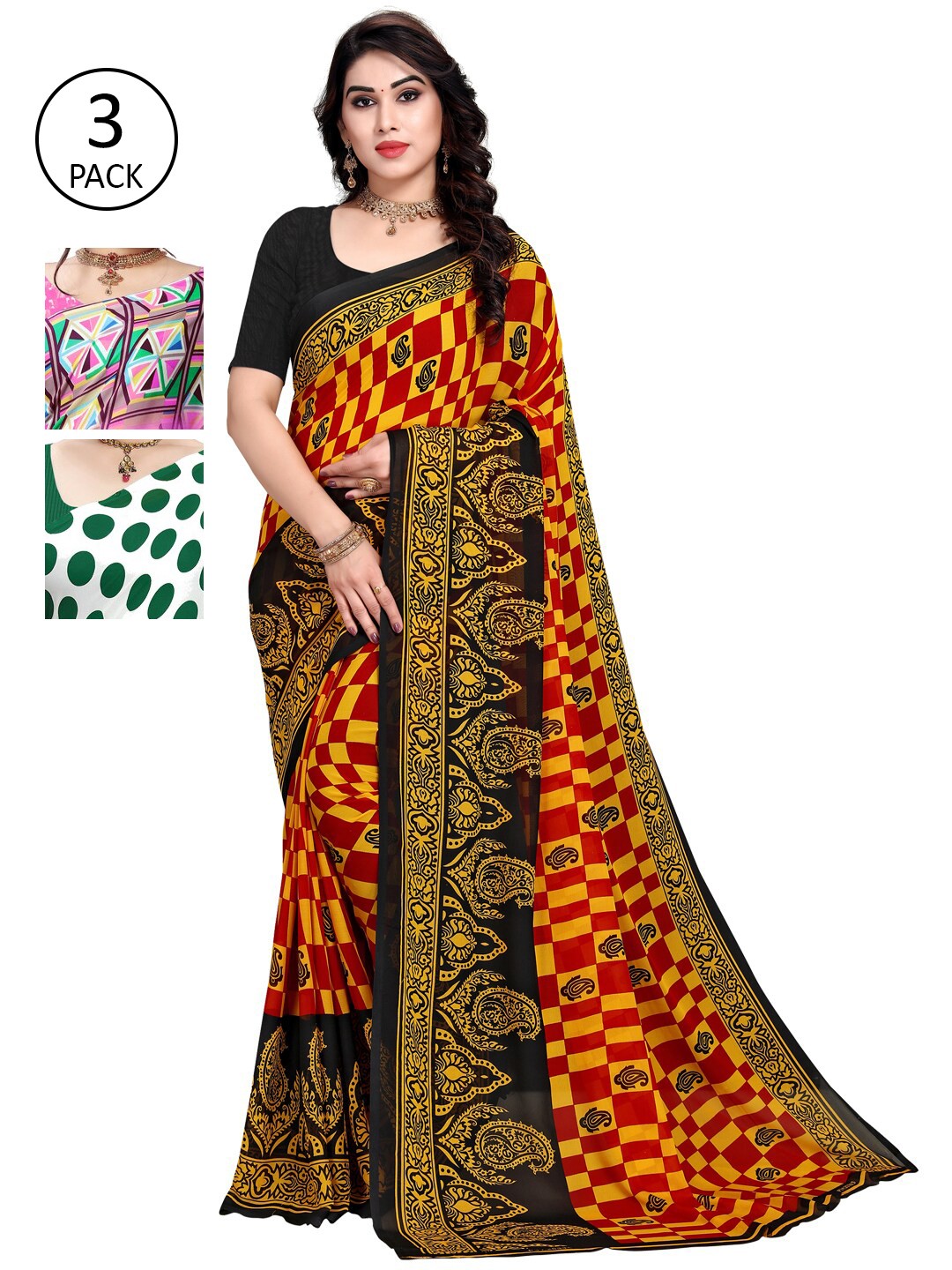 

KALINI Pack of 3 Poly Georgette Sarees, Orange