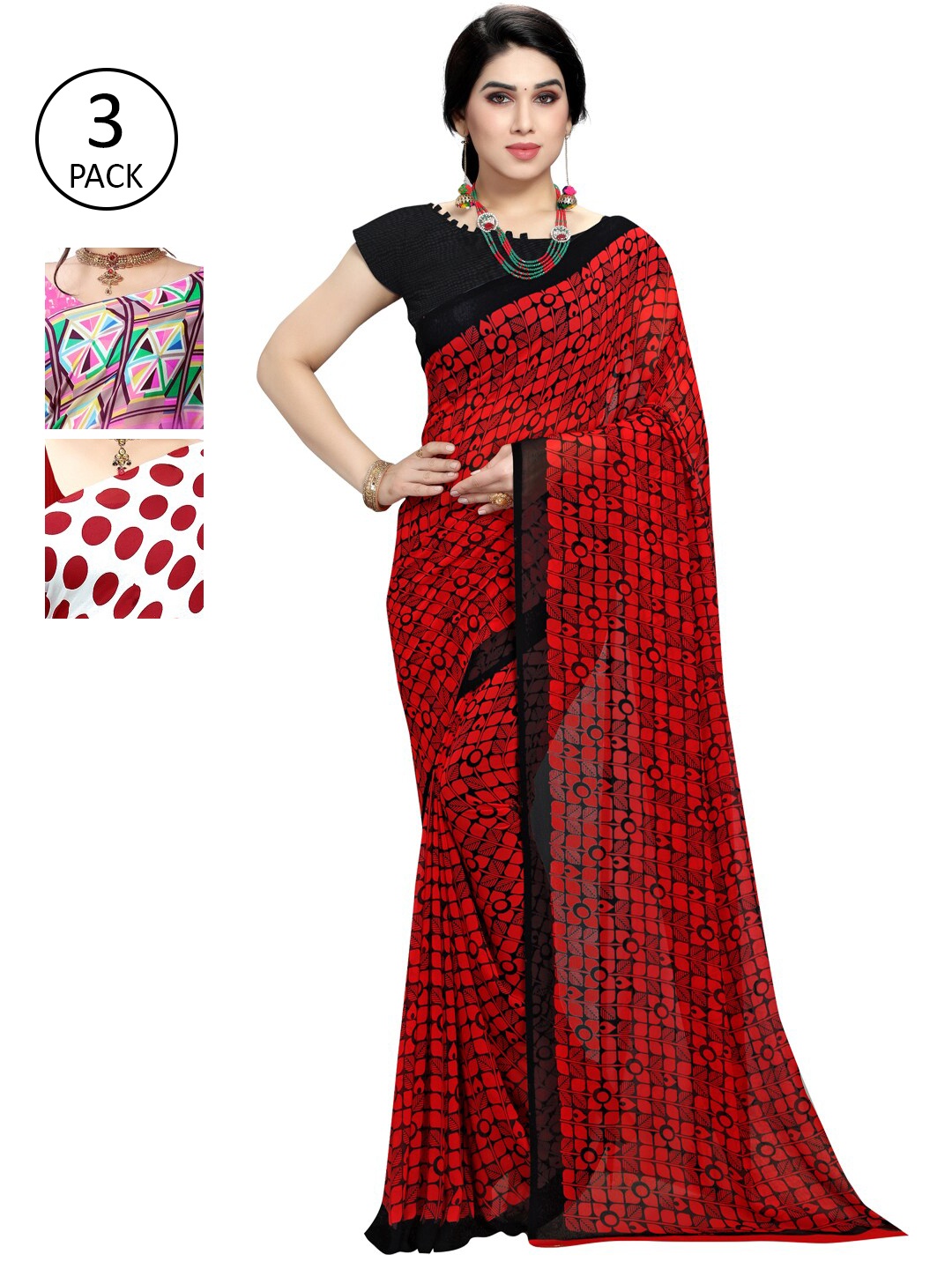 

KALINI Pack of 3 Poly Georgette Saree, Pink