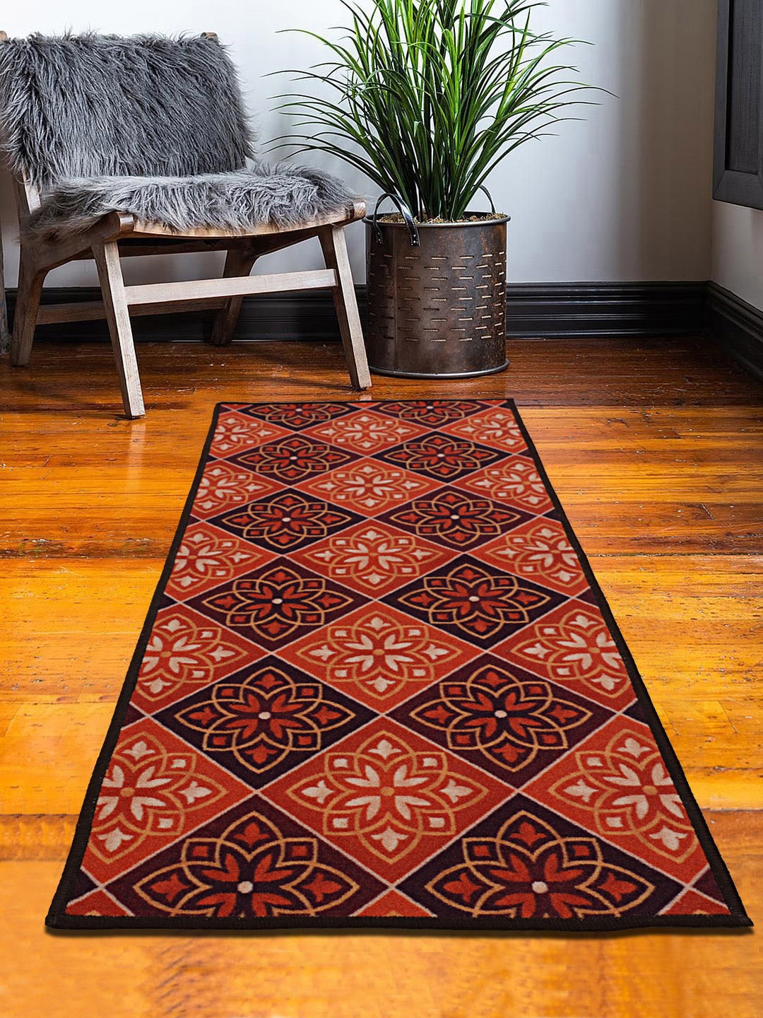 

RUGSMITH Red & Black Floral Printed Anti-Skid Rectangle Floor Runner