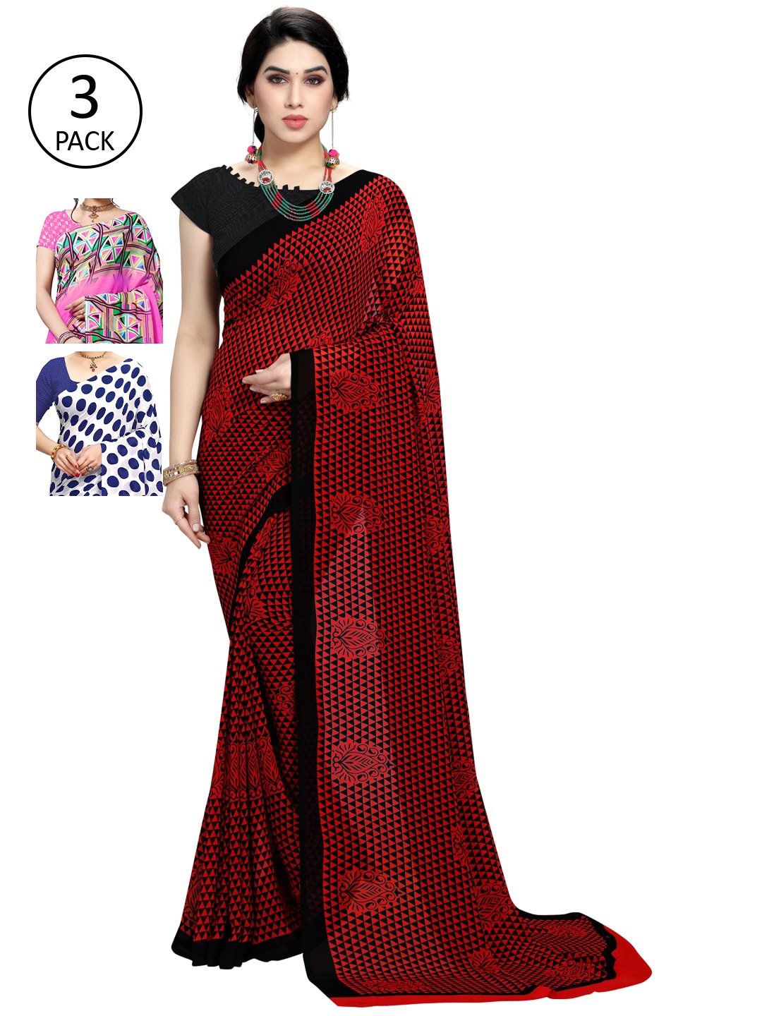

KALINI Pack of 3 Poly Georgette Saree, Pink
