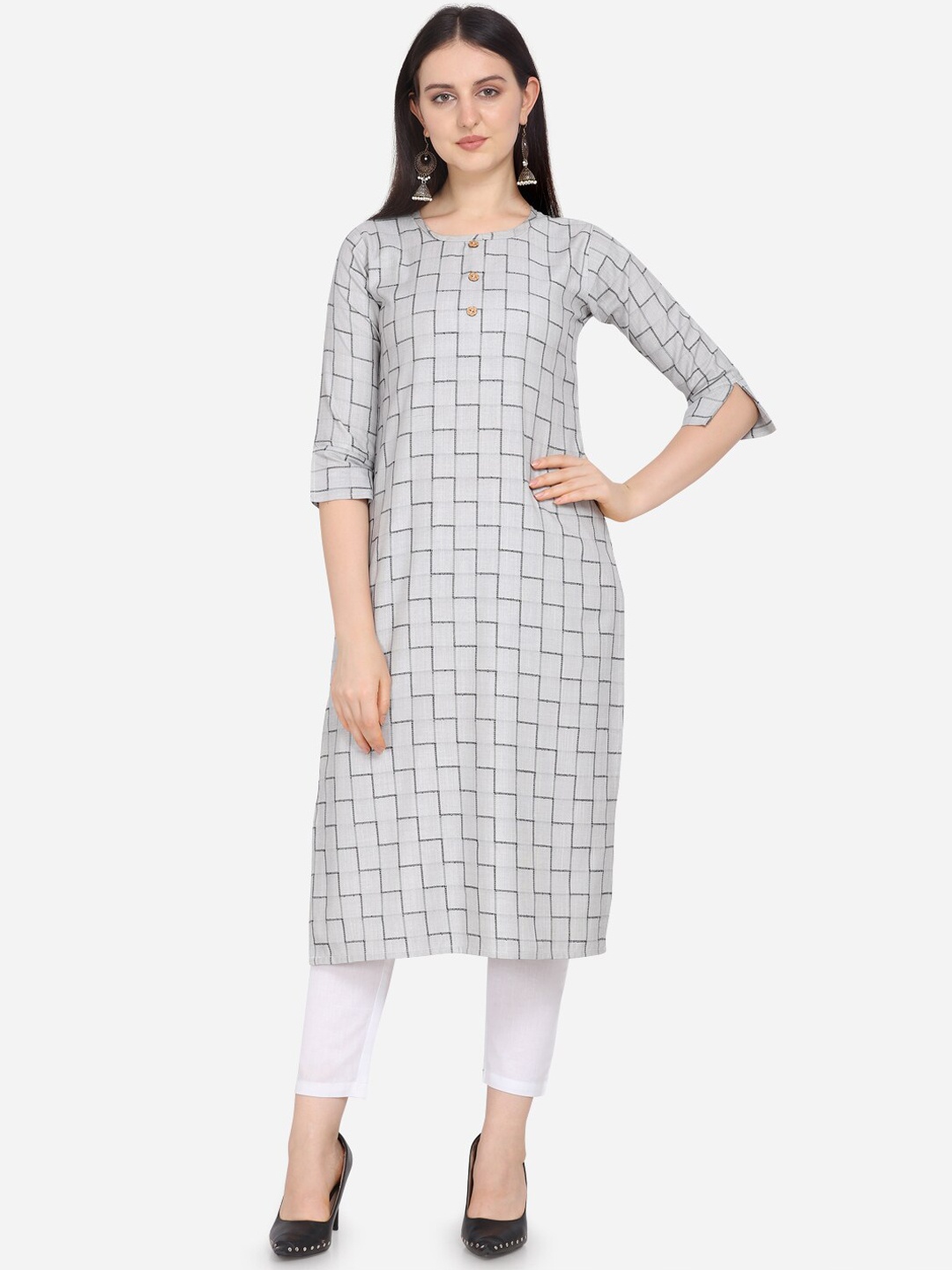 

Kvsfab Women Grey Checked Thread Work Kurta