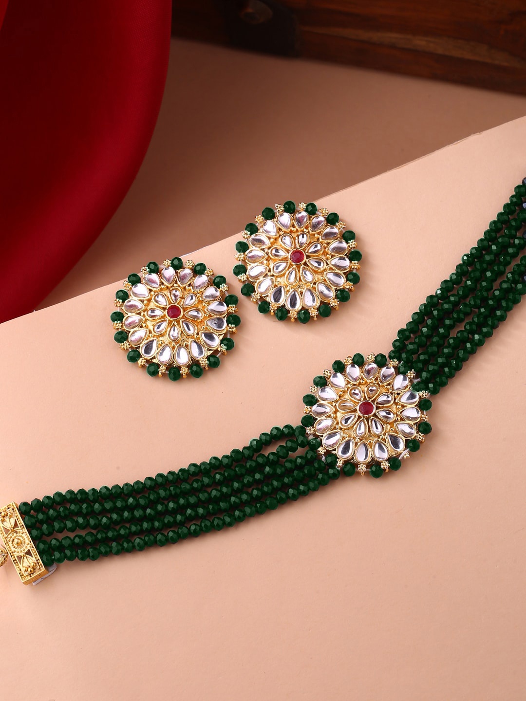 

Shoshaa Gold-Plated White & Green Onyx-Studded & Beaded Handcrafted Jewellery Set