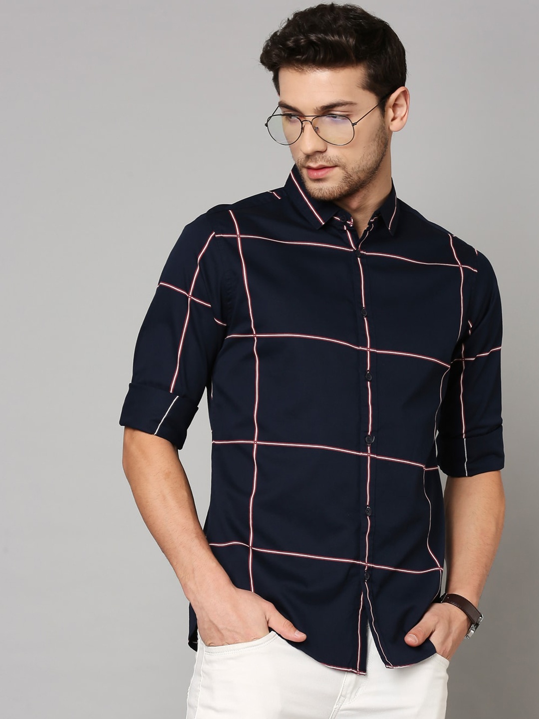 

Dennis Lingo Men Navy Blue Slim Fit Windowpane Checks Checked Casual Shirt