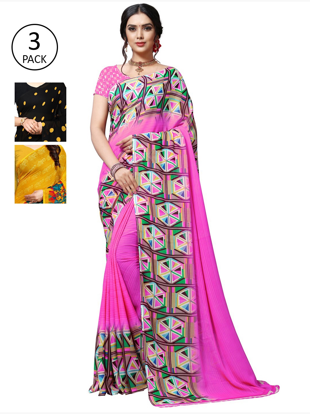 

KALINI Pack of 3 Poly Georgette Saree, Black