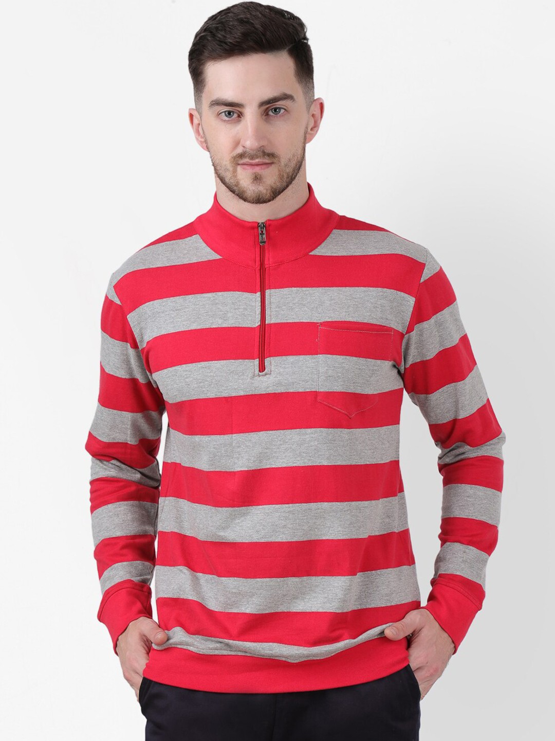 

PAUSE SPORT Men Red & Grey Striped High Mock Collar Casual Sweatshirt