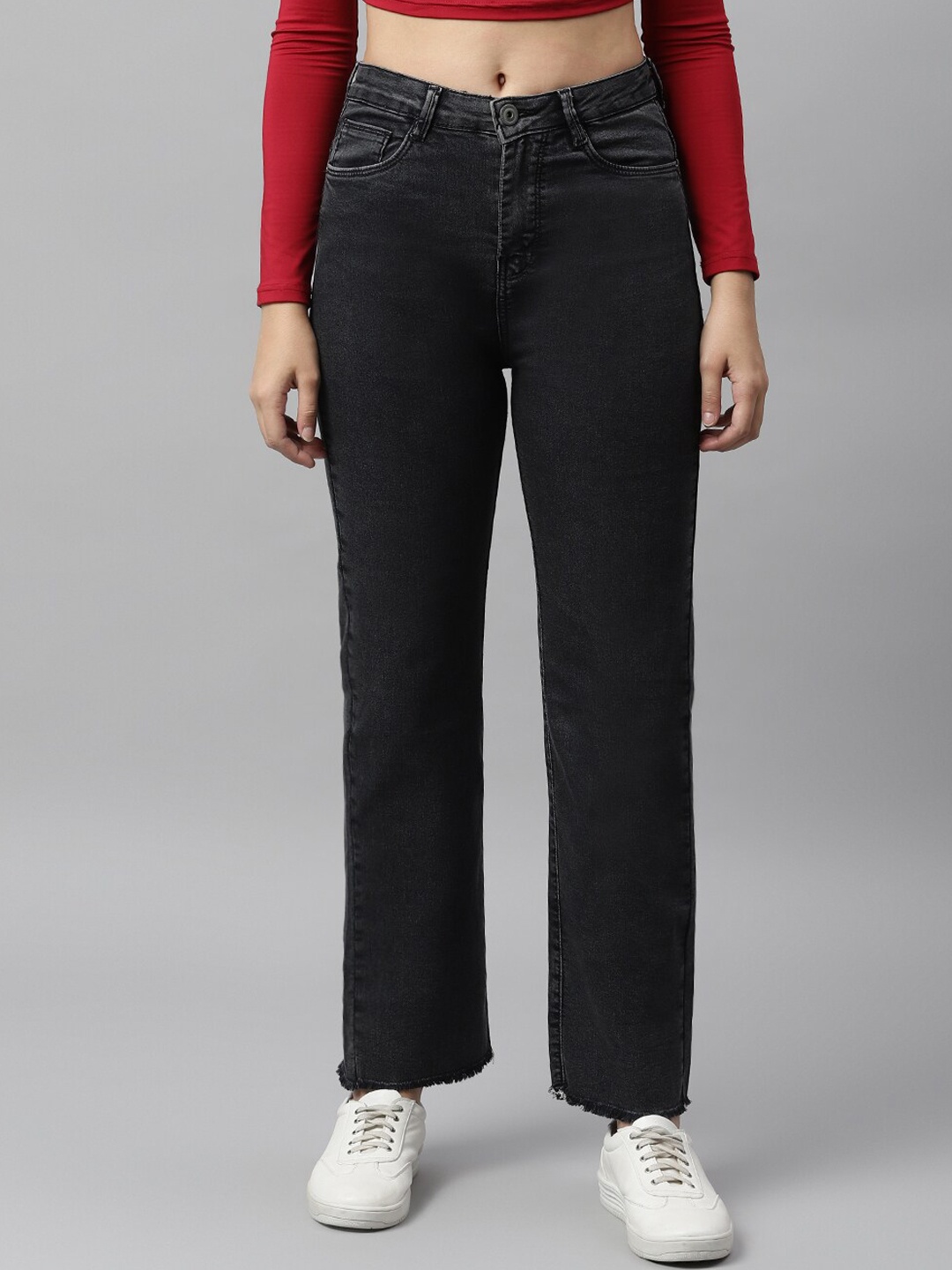 Code 61 Women Charcoal Grey Wide Leg High-Rise Jeans