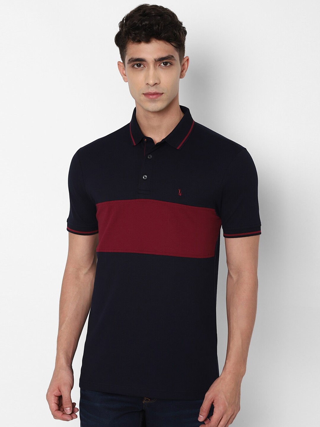 

SIMON CARTER LONDON Men Navy Blue & Maroon Colourblocked Polo Collar Slim Fit T-shirt