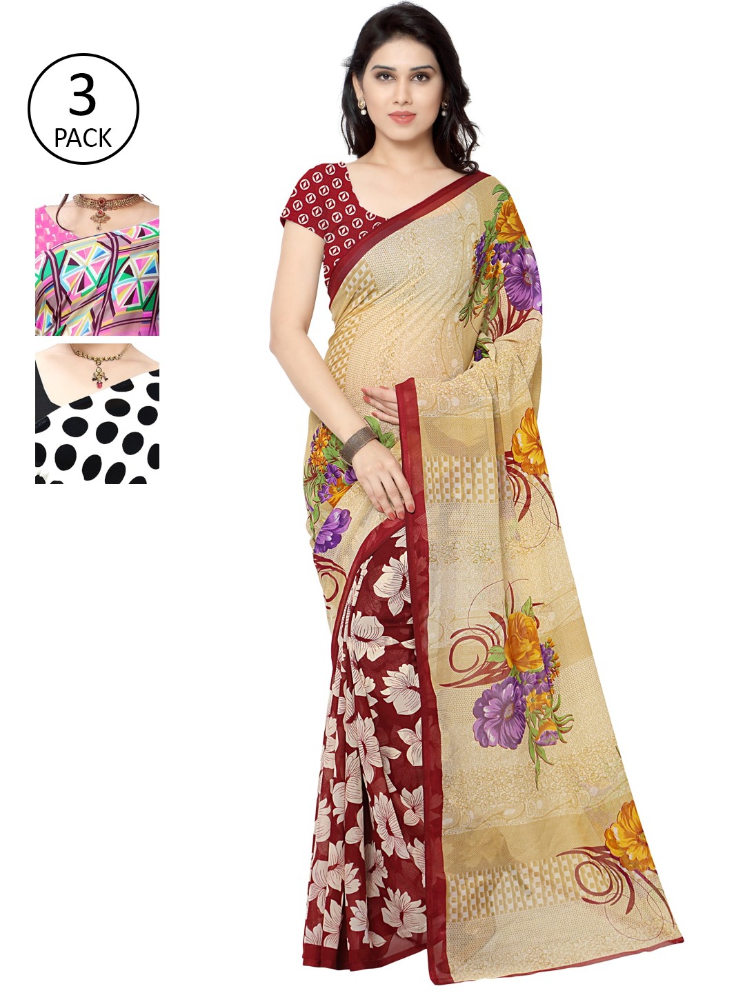 

KALINI Pack of 3 Poly Georgette Saree, Pink