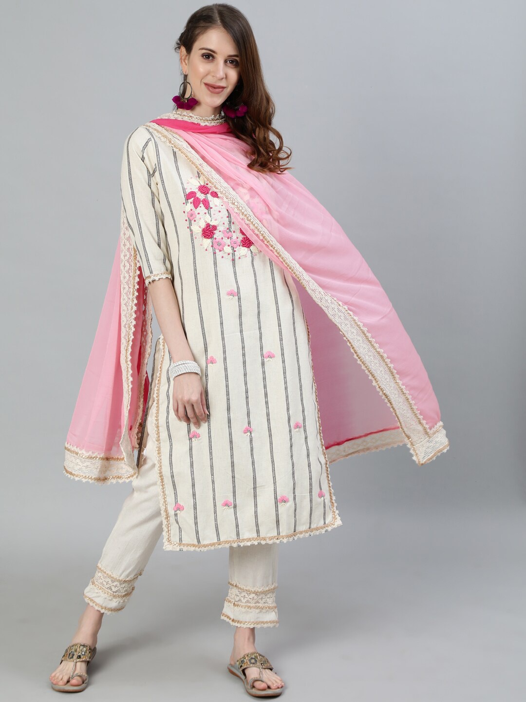 

Ishin Women Off White Floral Embroidered Layered Pure Cotton Kurti with Trousers & With Dupatta