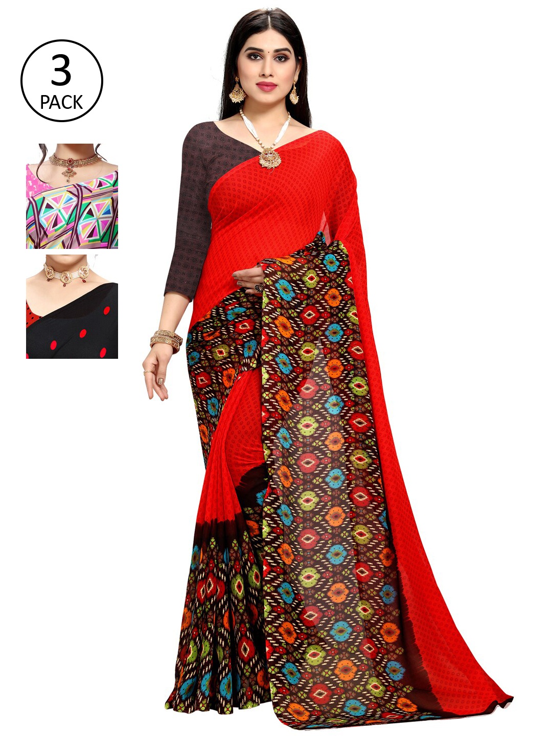 

KALINI Pack Of 3 Pink & Red Saree