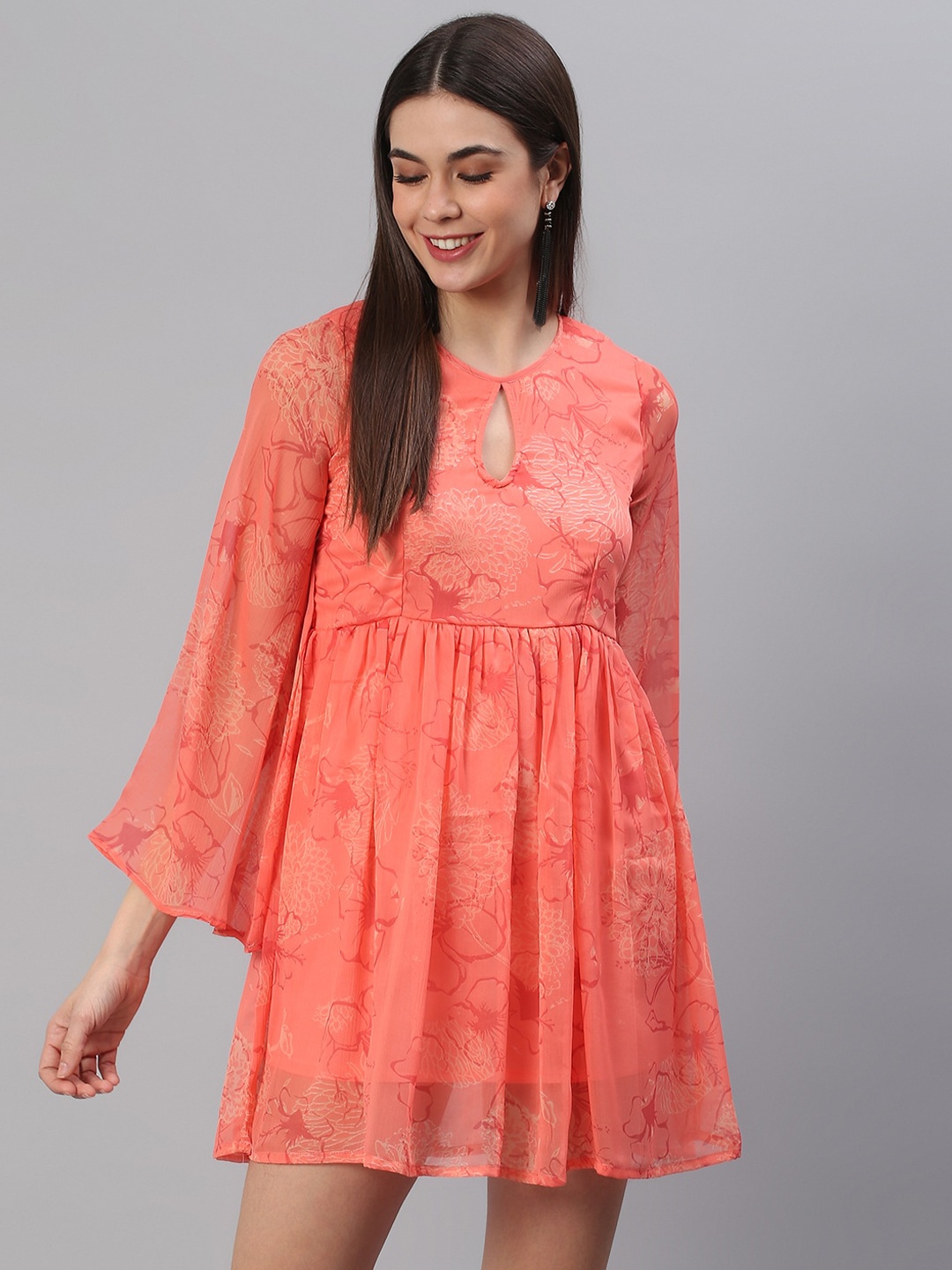

Cation Women Orange Floral Keyhole Neck Chiffon Dress