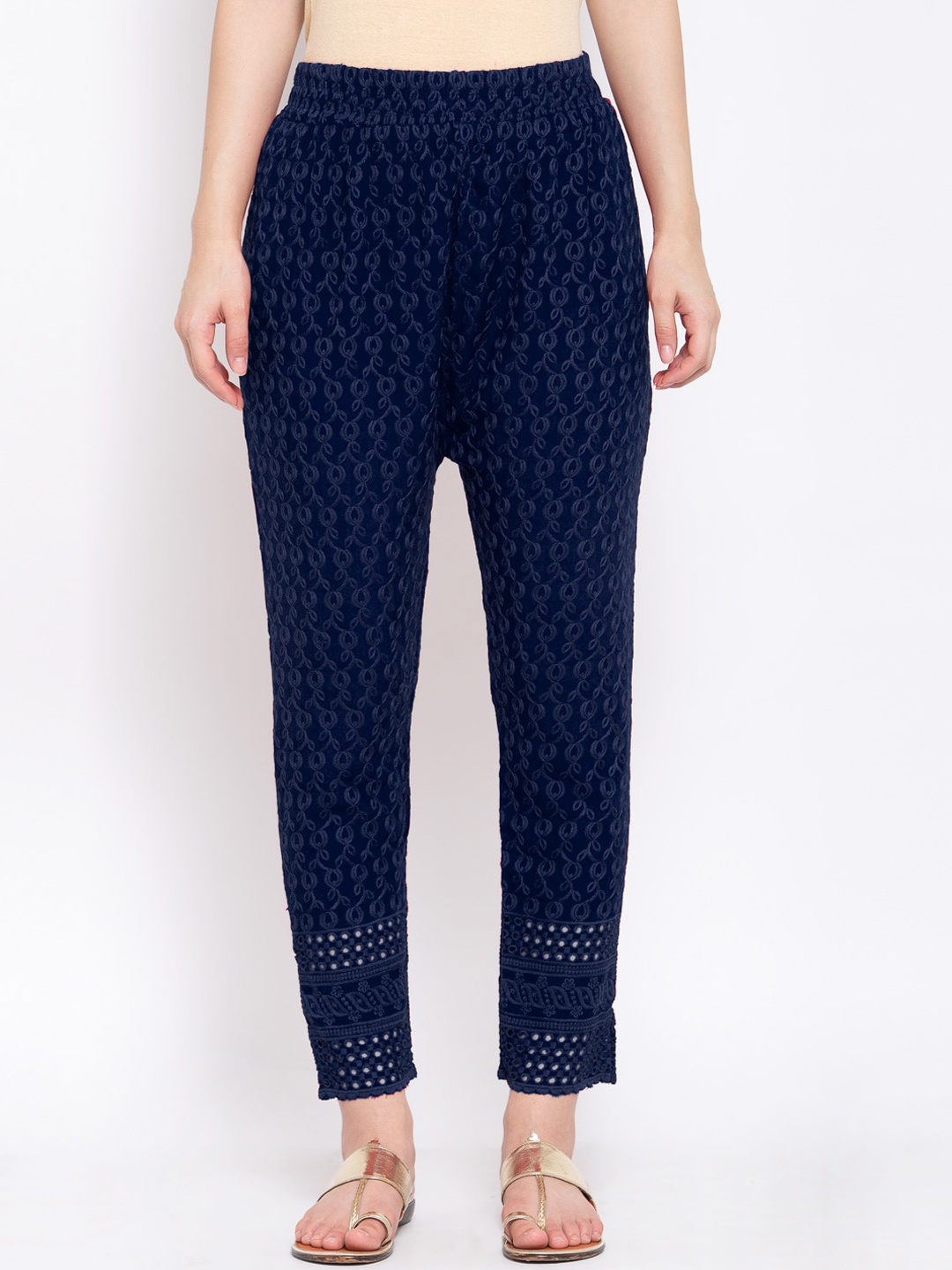 KLOTTHE Women Navy Blue Floral Embroidered Slim Fit Peg Trousers