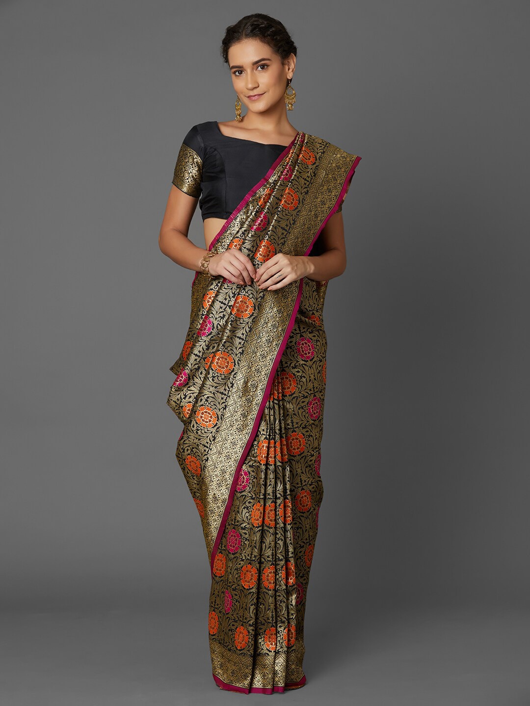 Mitera Black & Gold-Toned Floral Zari Silk Blend Banarasi Saree