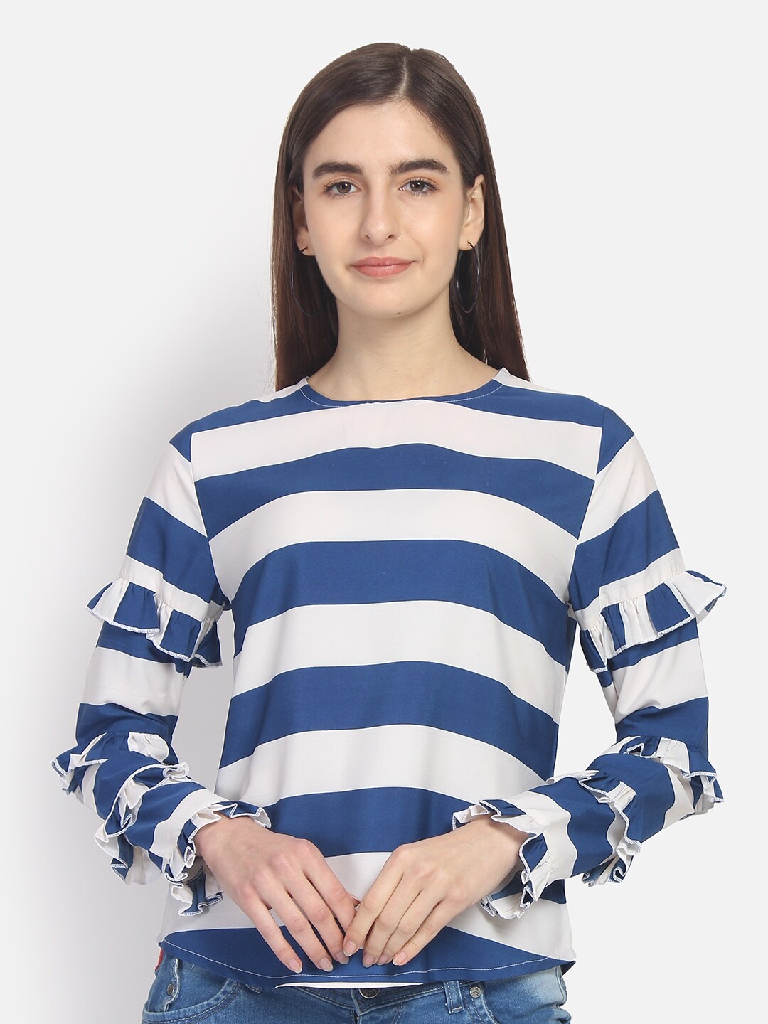 

Yaadleen Blue & Off White Striped Flutter Sleeve Top