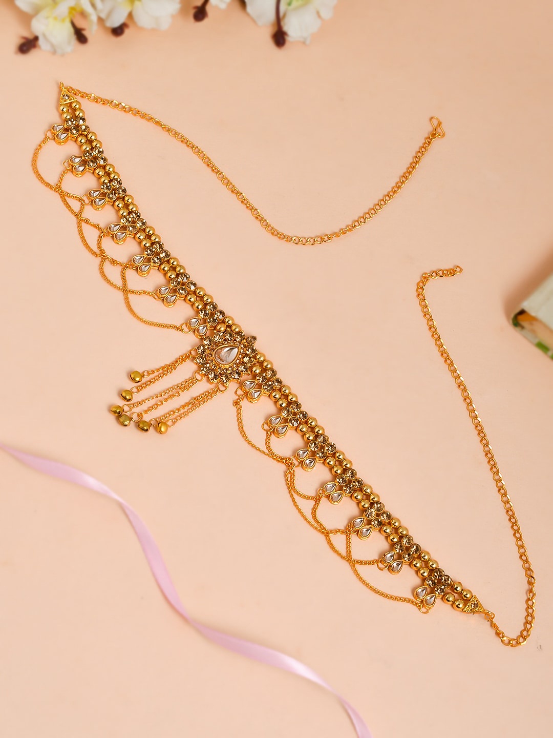 

Silvermerc Designs Gold-Toned & White Kundan-Studded Beaded Kamarbandh Waistbelt