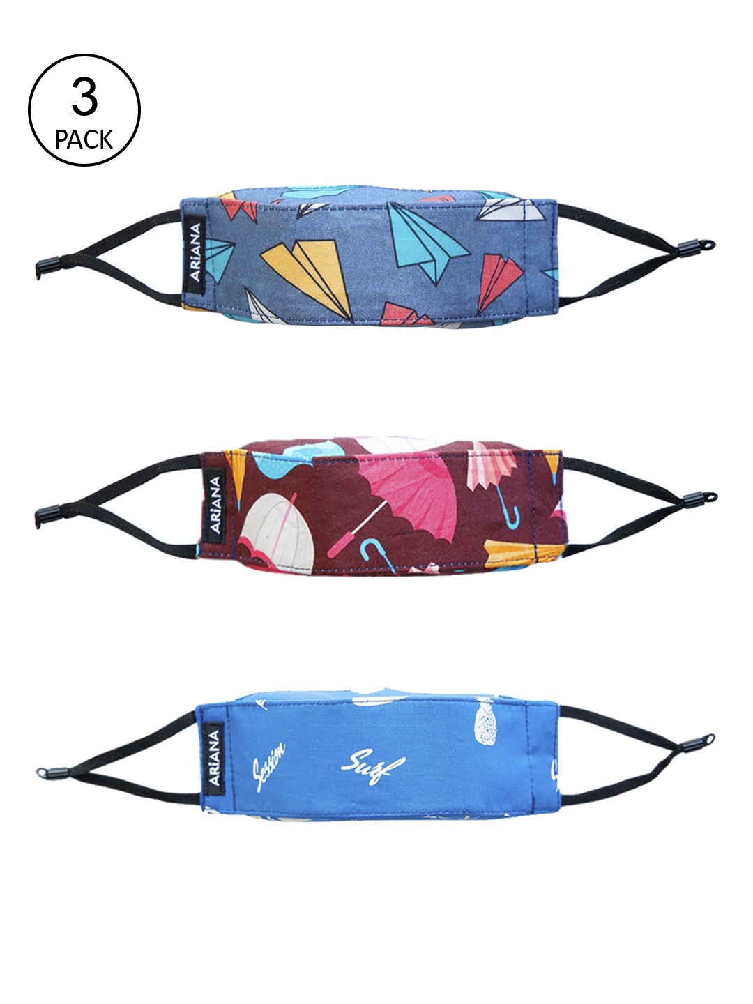 Ariana Pack Of 3 Printed 7-Ply 3-D Outdoor Reusable Cloth Face Masks, Blue