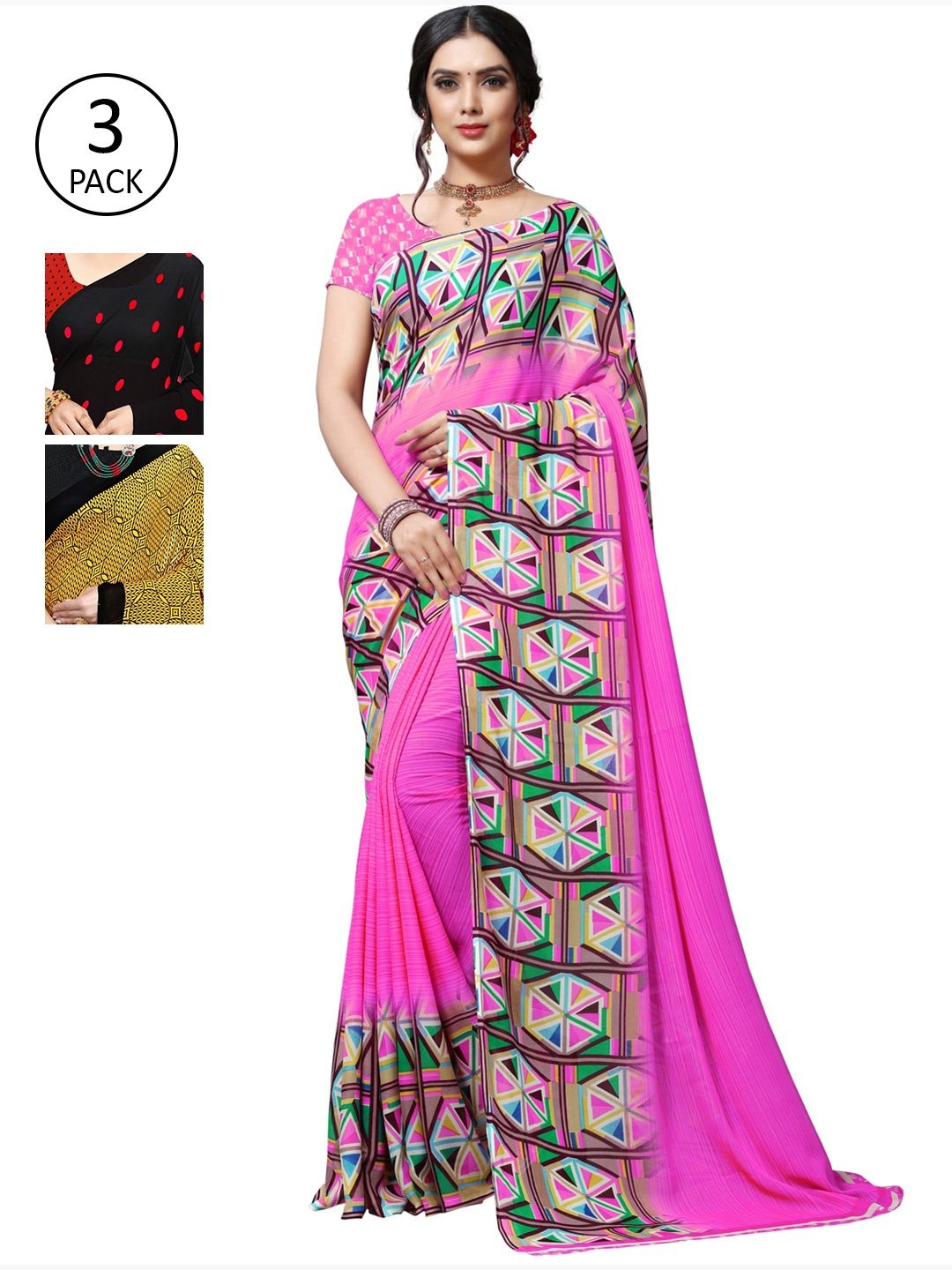 

KALINI Multicoloured Set of 3 Poly Georgette Saree, Multi