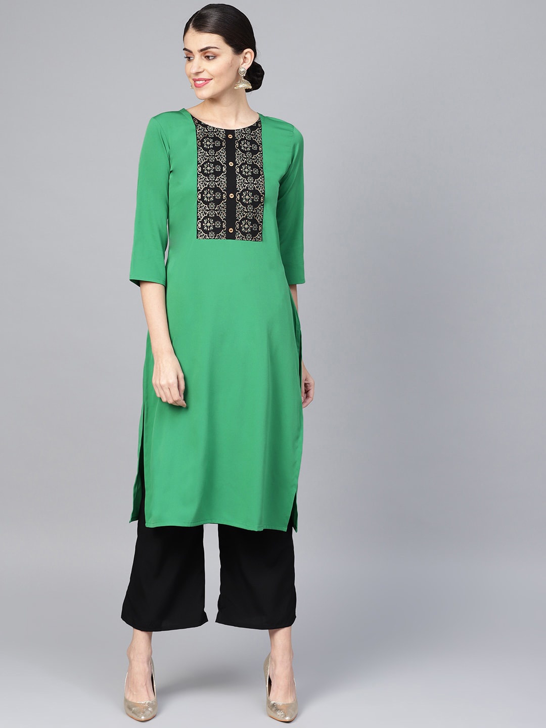 

ZIYAA Women Green Ethnic Motifs Foil Printed Yoke Design Crepe Kurta