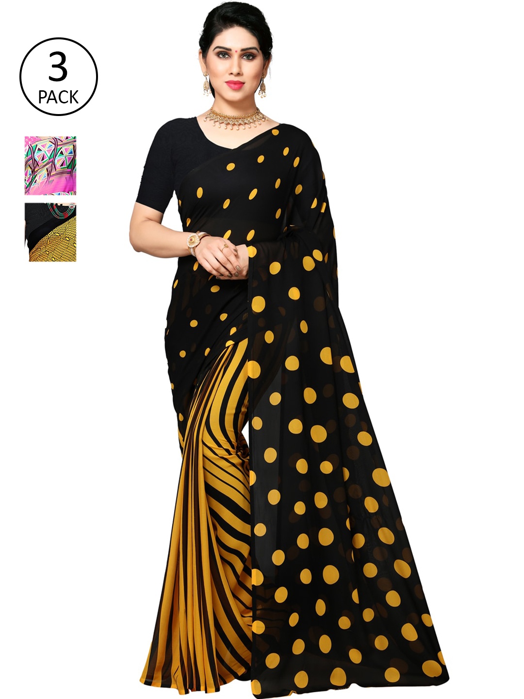 

KALINI Pack of 3 Poly Georgette Saree, Yellow