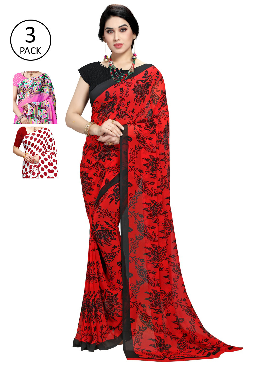 

KALINI Multicoloured Set of 3 Poly Georgette Saree, Multi