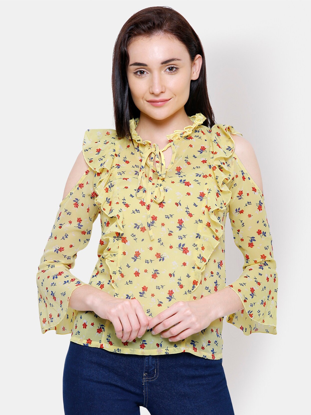 

Yaadleen Women Yellow & Red Floral Tie-Up Neck Georgette Regular Top