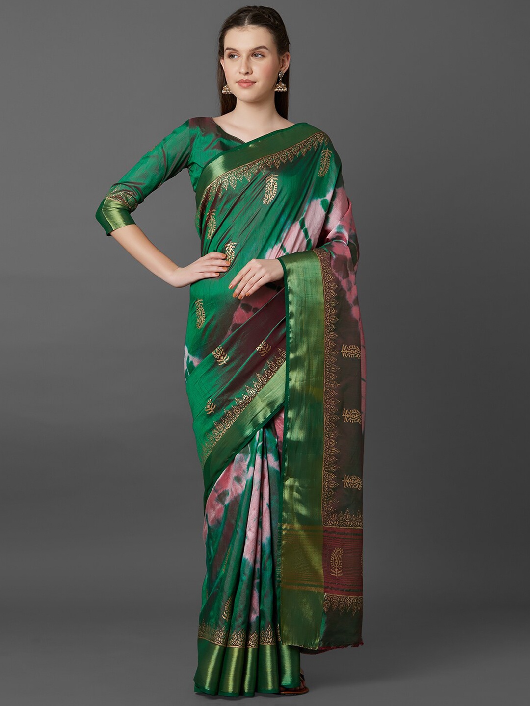 

Mitera Green & Mauve Ethnic Motifs Zari Silk Blend Banarasi Saree