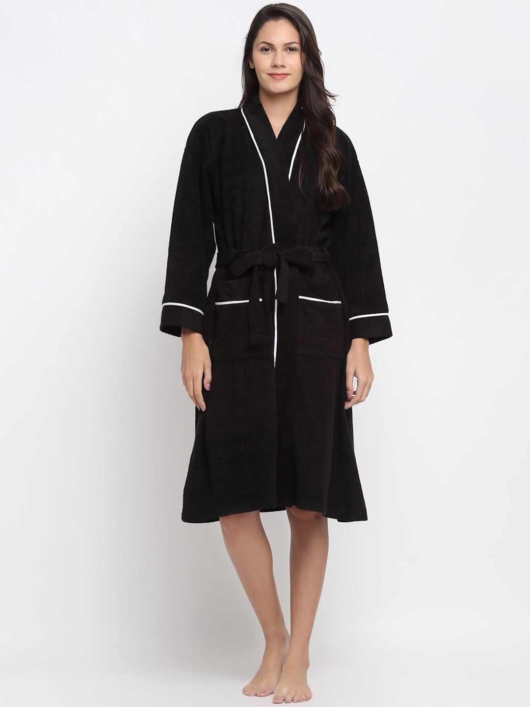 ELEVANTO Women Black Solid Pure Cotton 380 GSM Bath Robe